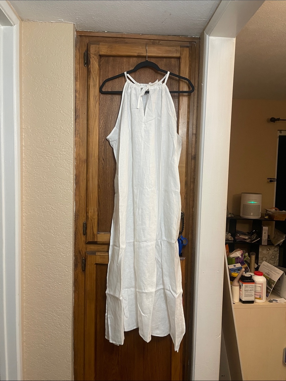 White Halter Linen Maxi Dress - Lightweight, side pockets, Cool Summer Style